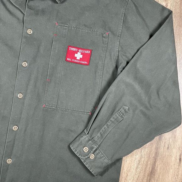 VTG Tommy Hilfiger Surplus Sz L Army Green Long Sleeve Button Up Thick Shirt - Picture 2 of 15
